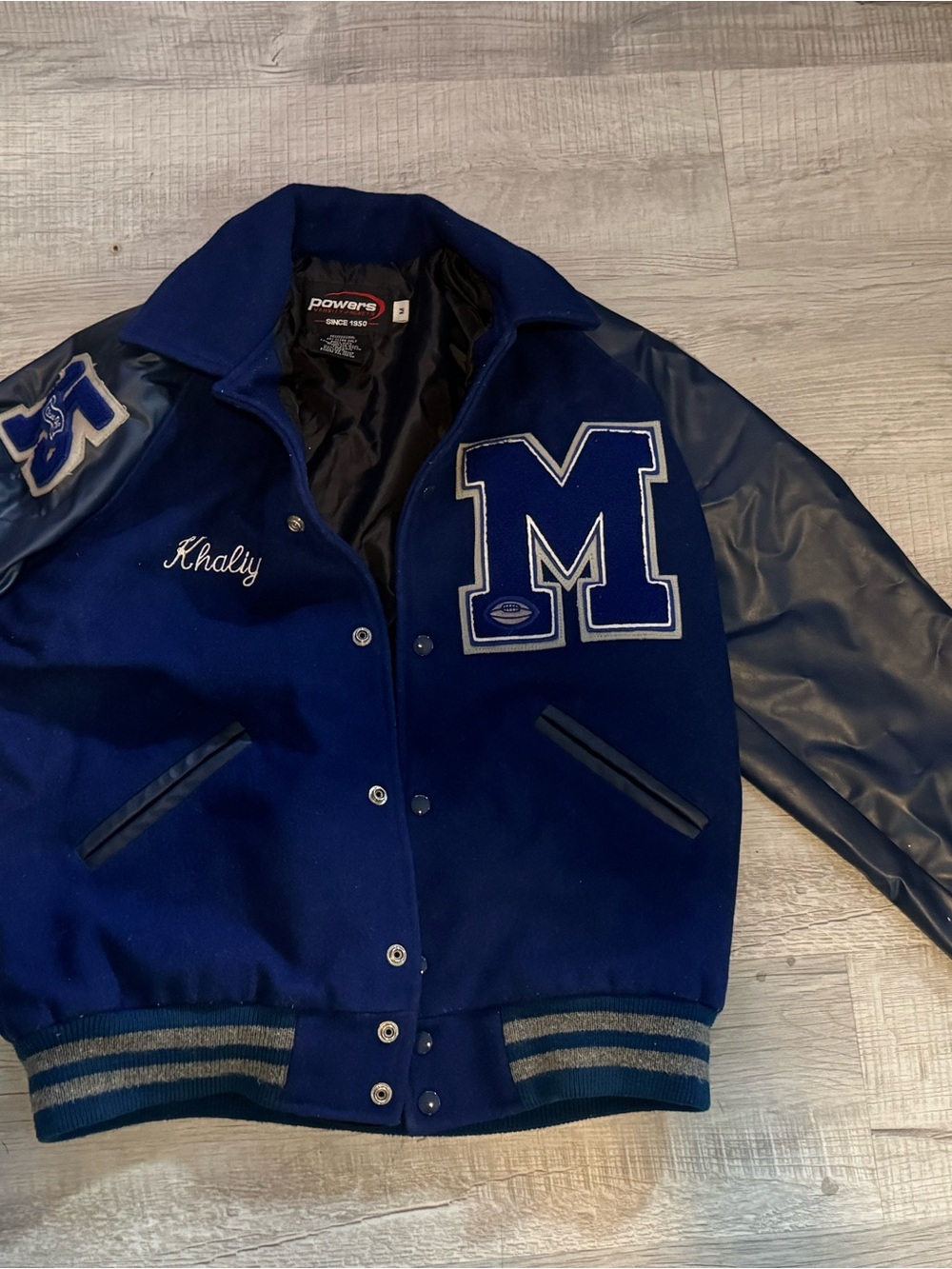 Powers Blue Varsity Letterman Jacket Youth Size M Wool Blend Embroidered